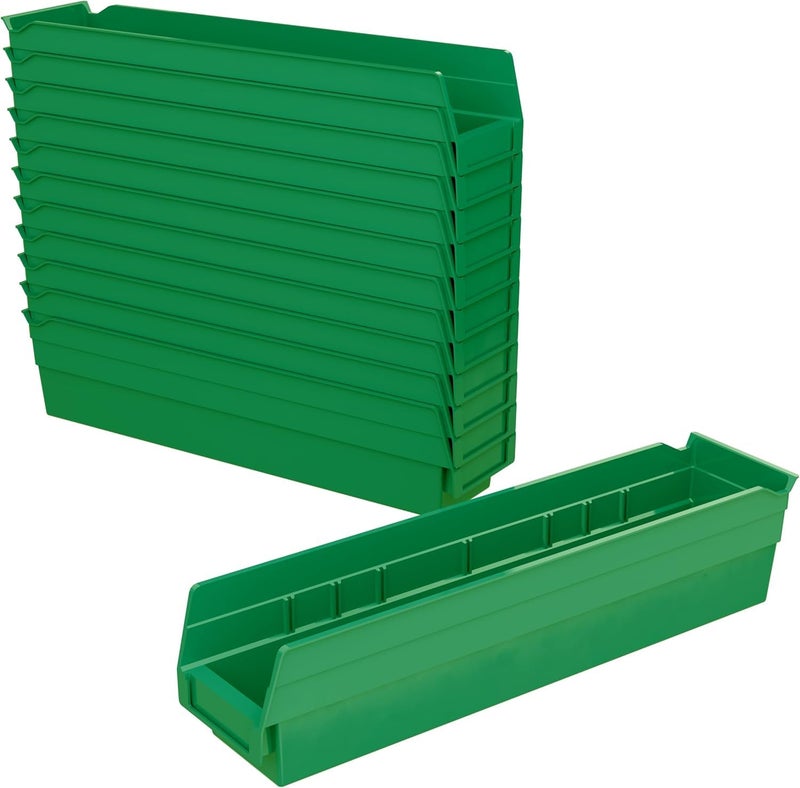 Akro-Mils 30128 Plastic Shelf Bins, Heavy Duty Storage Bins for Garage, Closet, and Drawer Organization, 18-Inch x 4-Inch x 4-Inch, Green, 12-Pack - Image 1